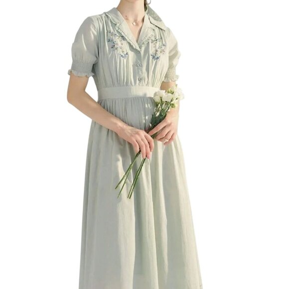 Simply Retro NWT Embroidered Lace Ruched Midi Dress Puff Short Sleeve Size M - Picture 6 of 15